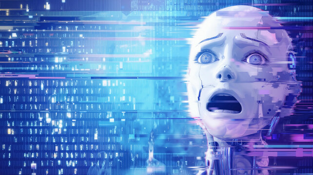  a confused robot face in a glitch art style, representing a hallucinated AI concept, isolated against a blue and purple digital binary background with strong data corruption
