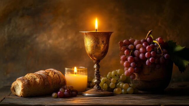 Holy communion scene with wine and candlelight