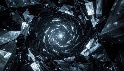 Mesmerizing perspective view of a spiraling, futuristic tunnel, constructed from reflective, shattered glass pieces, forming a dark, abstract design leading to a bright, luminous center, evoking...