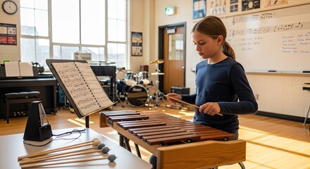A young girl playing a xylophone in a music classroom.
