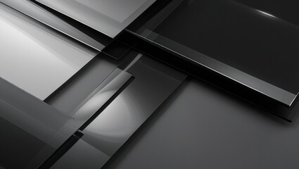 A monochrome abstract design featuring overlapping glossy black panels, a translucent finish with soft edge highlights.