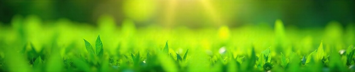 Sun-Drenched Meadow with Vibrant Green Leaves and Lush Grass Perfect SpringSummer Background