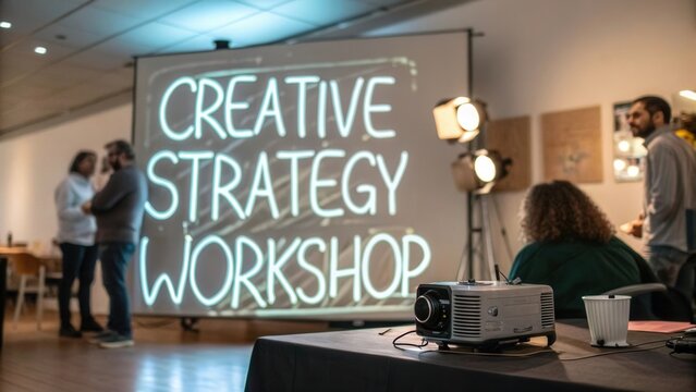Creative Strategy Workshop Session with Projector, Audience, and Dynamic Visuals in a Modern Office Environment