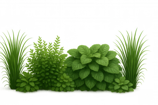 Diverse green plants, bushes, and fresh grass forming a natural border or element, isolated on a transparent background