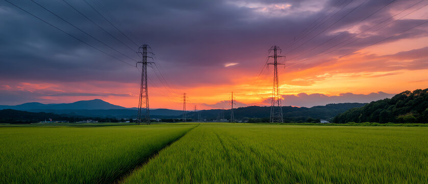 Sunset over a green agricultural field with electricity pylons stretching across the landscape and mountains in the background under a dramatic sky