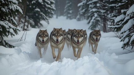 a pack of wolves walking in the middle of a remote forest