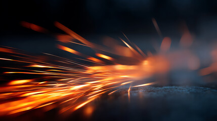 Bright orange sparks fly from a metal surface, illuminating the dark background with dynamic streaks of light and energy