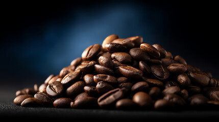 Obraz premium A close-up image of a pile of roasted coffee beans with rich brown tones and a softly blurred dark blue background, highlighting texture and depth
