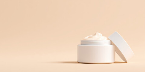 Realistic premium photo of open white cosmetic jar showcasing creamy moisturizer. soft texture and elegant design evoke sense of luxury and care for skin