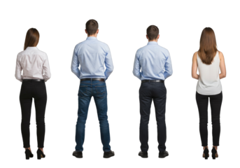 Four individuals standing back-to-back in a studio
