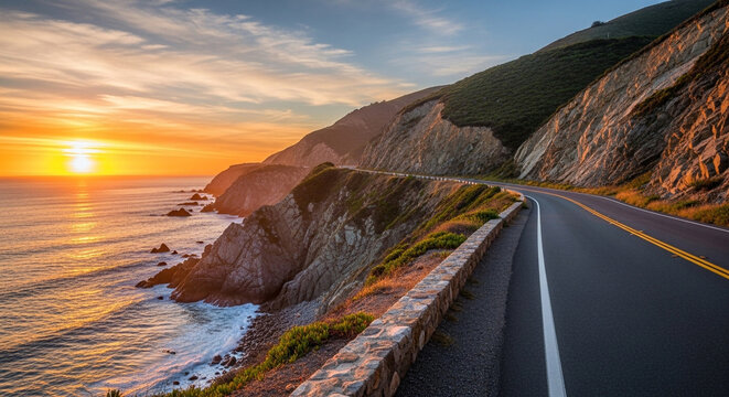 Golden sunset bathes the rugged coastline as a winding road hugs the cliffs, offering breathtaking views of the ocean and the dramatic meeting of land and sea