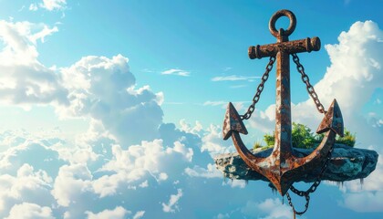 Rusty metal anchor floats attached to small island, suspended in the vibrant blue sky amidst fluffy white clouds, creating a surreal and whimsical scene with peaceful and serene atmosphere.