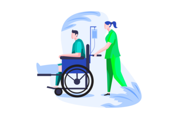 Nurse Assisting Patient in Wheelchair with Blue Accents Against White Background