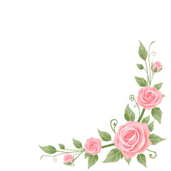 Pink roses and green leaves corner decoration isolated on a transparent background flower