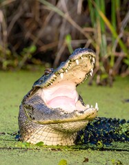 Alligator head emerging from murky water