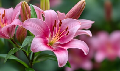 Fototapeta premium vibrant pink lilies in full bloom, showcasing delicate petals
