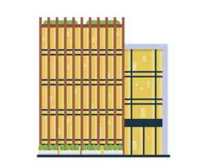 Modern Tall Building Illustration with Yellow Facade and Green Top on White Background