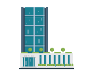 Modern Pixel Art Office Building with Blue Windows and Green Rooftop Garden on a Transparent Background