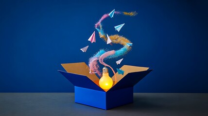 Creative light bulb with colorful dragon and paper planes emerging from box symbolizing imagination and ideas
