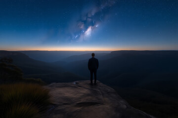 Fototapeta premium A lone person stands on a cliff edge at twilight, gazing at a stunning starry sky with the Milky Way visible, surrounded by vast mountains and a serene landscape