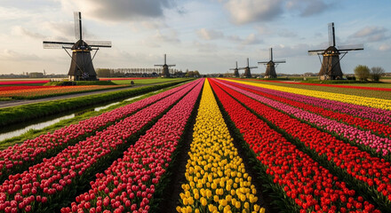 Vibrant tulip fields stretch towards distant windmills under a serene sky, capturing the essence of dutch springtime and its iconic landscapes in full bloom