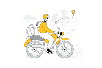 Motorcycle Road Trip Illustration Yellow Motorcycle and Rider with Backpack Traveling with Route Overlaid on Stylized World Map on Transparent Background