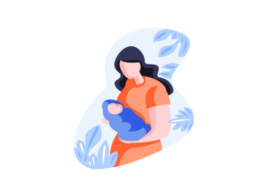 Mother Holding Newborn Baby in Arms on White Background with Blue Leaves Decoration in Flat Vector Art Graphic Illustration