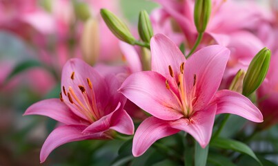 Fototapeta premium vibrant pink lilies in full bloom, showcasing delicate petals