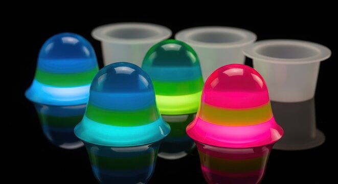 Group of colorful glowing silicone ear tunnels with stripes and reflections on a black background