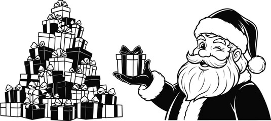 Joyful Santa Claus offers a single gift next to a towering stack of presents, celebrating the holiday spirit.
