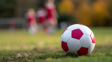 A red and white soccer ball rests on grass with blurred players in red uniforms in the background on a sunny day