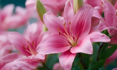 Naklejka premium vibrant pink lilies in full bloom, showcasing delicate petals
