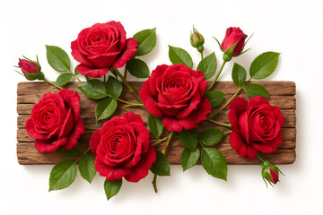 Fototapeta premium Beautiful red roses bouquet with green leaves on wooden background romantic floral arrangement