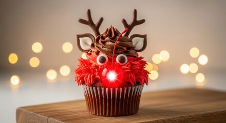 A festive reindeer cupcake with a red nose and bokeh lights in the background, perfect for christmas celebrations