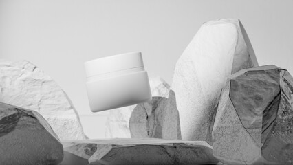 Elegant 3D render of a floating white cosmetic jar among natural stones. Minimalistic product mockup design for skincare, beauty branding, or luxury cosmetic presentation visuals.
