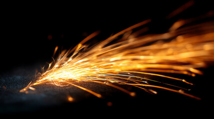 Bright orange sparks flying against a black background, likely from metal grinding or cutting, creating dynamic streaks of light and a sense of intense energy