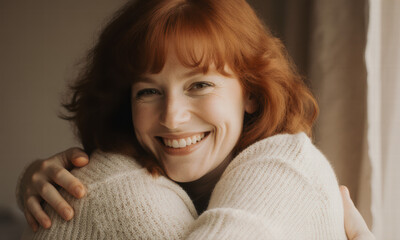 Joyful redhead woman embraces herself in a warm soft sweater