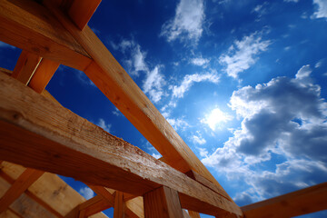 Obraz premium Wooden beams of a house frame under construction are set against a bright blue sky with scattered clouds and sunlight shining through