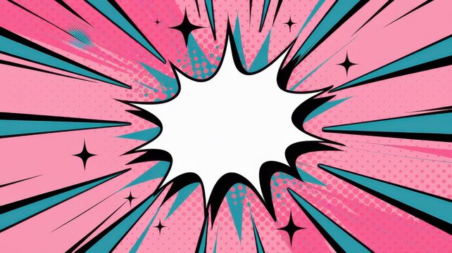 Dynamic comic book explosion burst with vibrant pink and teal abstract rays and starbursts, perfect for impactful graphic design.