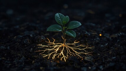 A small plant growing in the ground, strong roots visible