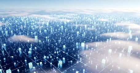 Aerial view of a futuristic cityscape with digital elements and clouds - Powered by Adobe