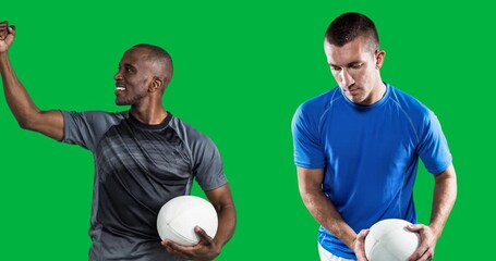 Two diverse male rugby players holding a rugby ball against copy space on transparent background