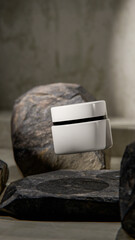 Elegant 3D render of a floating white cosmetic jar among natural stones. Minimalistic product mockup design for skincare, beauty branding, or luxury cosmetic presentation visuals.