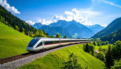 High-speed train traversing scenic landscape with mountains, blue sky