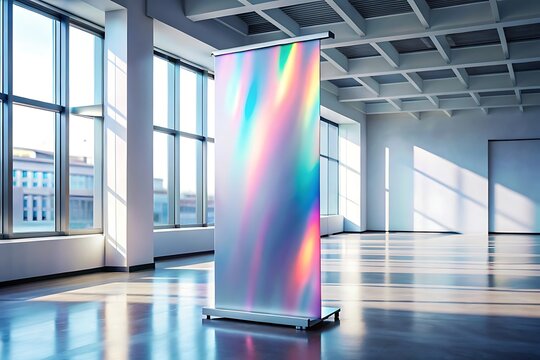 Hyper-realistic roll-up banner mockup in futuristic studio with soft holographic lighting, glowing tech elements, editable surface, minimal shadows, perfect for branding and presentations. 
