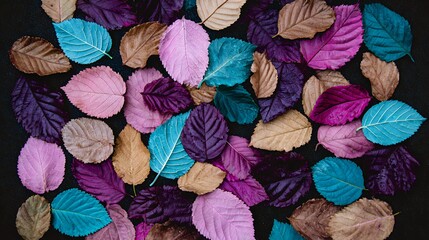Abstract Arrangement of Colorful Autumn Leaves on Dark Background Pixel Art Style