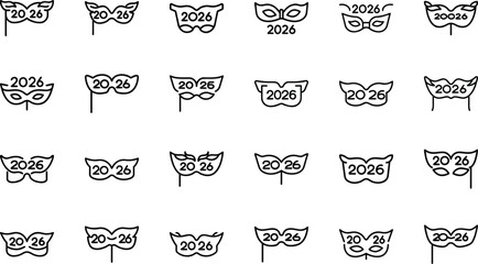 Minimal Gift Box Icon Set with “2026” Text – Modern Line Style Present Icons for New Year, Holiday Celebration, and Event Design – Vector Outline Symbol Pack for Greeting Cards, Websites, Calendars
