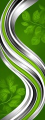 Abstract Green Background with Flowing Silver Stripes and Leaf Motifs