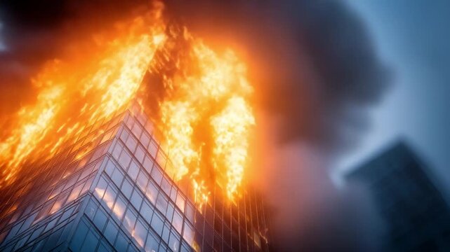 Inferno Unleashed: A skyscraper engulfed in flames, with thick, ominous smoke billowing into the sky, representing devastation and disaster.