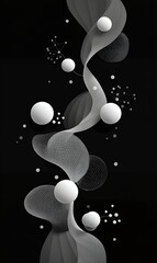 Elegant Black and White Abstract Wave with Spheres and Glitter on Dark Backdrop
